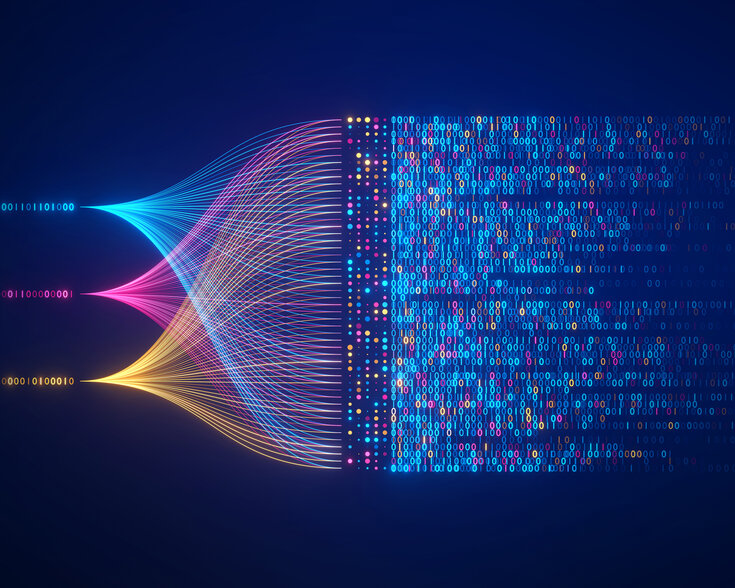 Big data technology and data science illustration. Data flow concept. Querying, analysing, visualizing complex information. Neural network for artificial intelligence. 