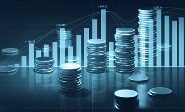 Graphic showing coins in front of graph
