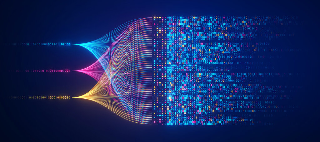 Big data technology and data science illustration. Data flow concept. Querying, analysing, visualizing complex information. Neural network for artificial intelligence. 